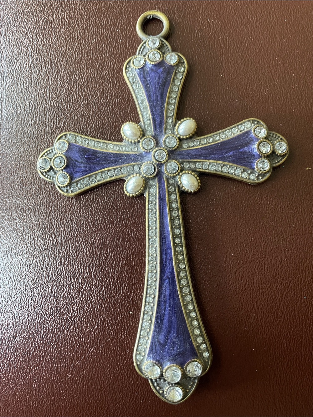 Lavender Purple Cross Clear Crystals and White Pearls 5"